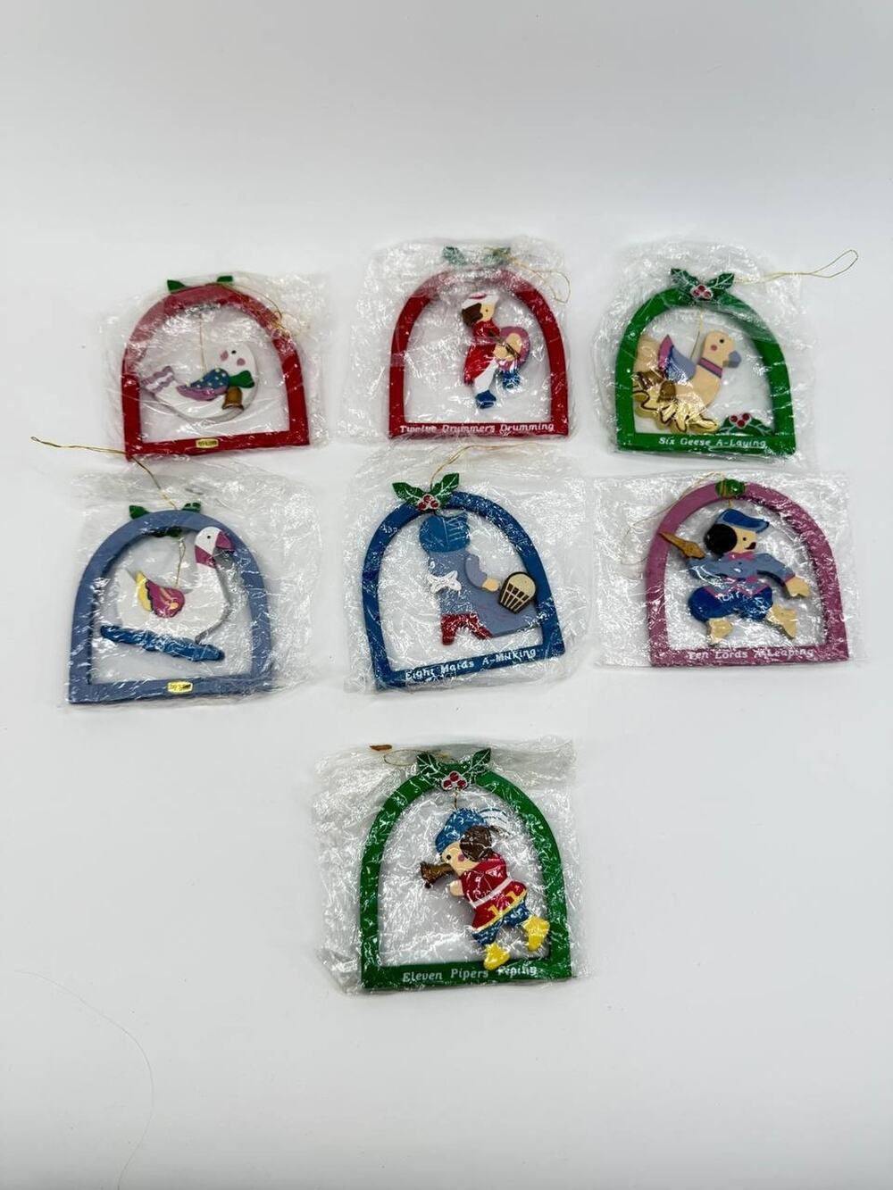 Vintage Lillian Vernon 12 Days Of Christmas Wood Ornaments Set 7 Taiwan Boxed